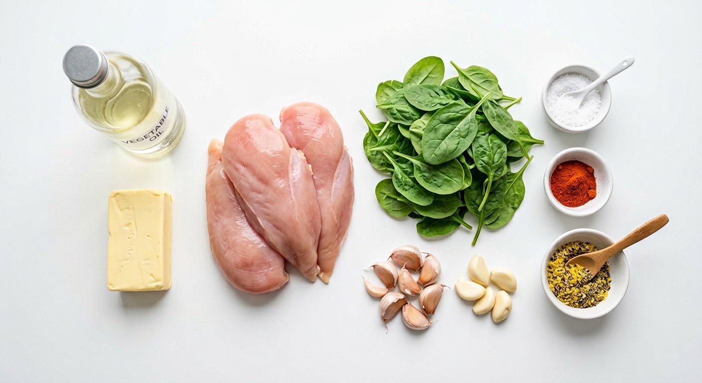 Ingredient flat-lay for SMOTHERED CHICKEN WITH CREAMED SPINACH BACON AND MUSHROOMS