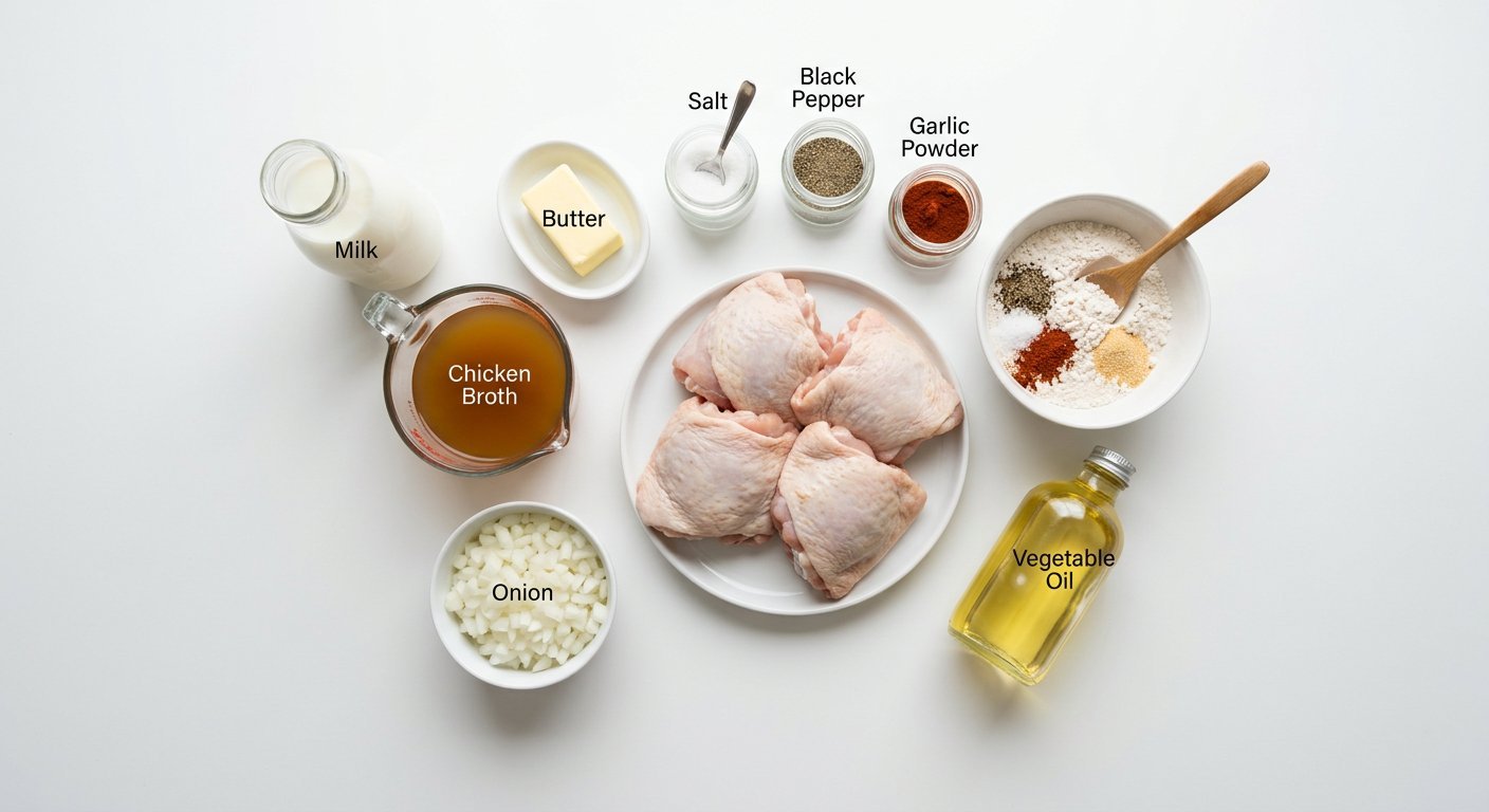 Ingredient flat-lay for SOUTHERN STYLE SMOTHERED CHICKEN