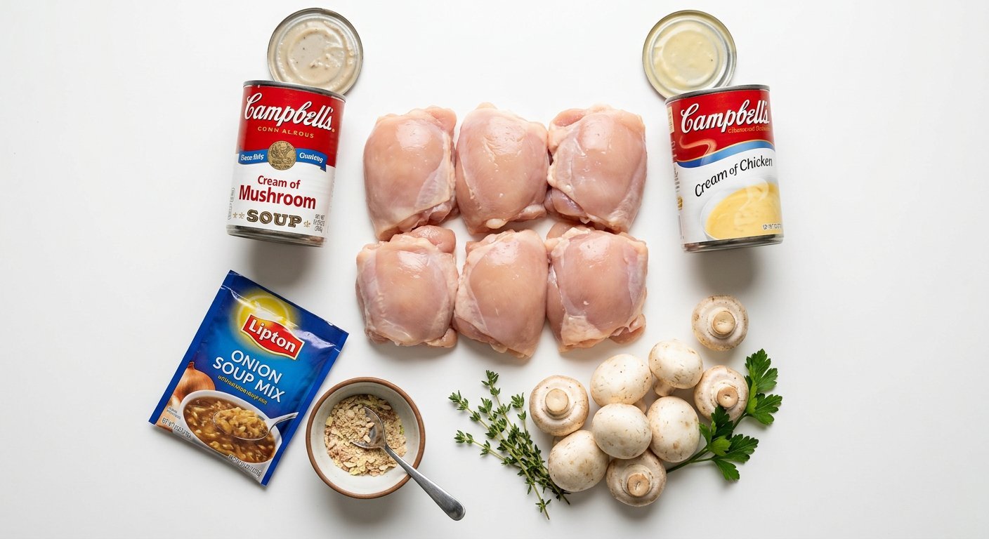 Ingredient flat-lay for CROCKPOT SMOTHERED CHICKEN