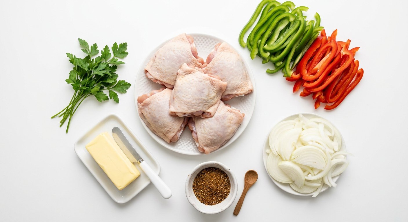 Ingredient flat-lay for SMOTHERED CHICKEN PERFECT FOR FAMILY MEALS