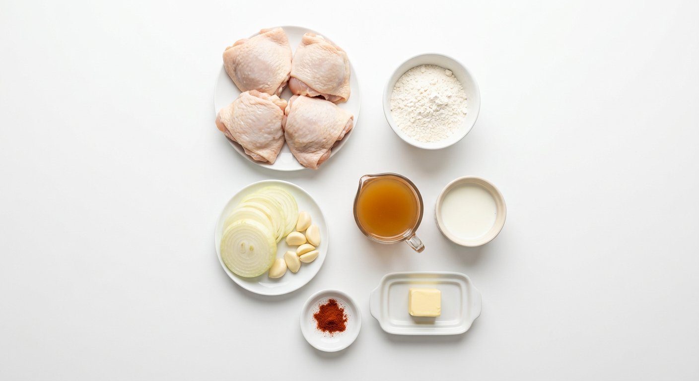 Ingredient flat-lay for Creamy Smothered Chicken and Gravy