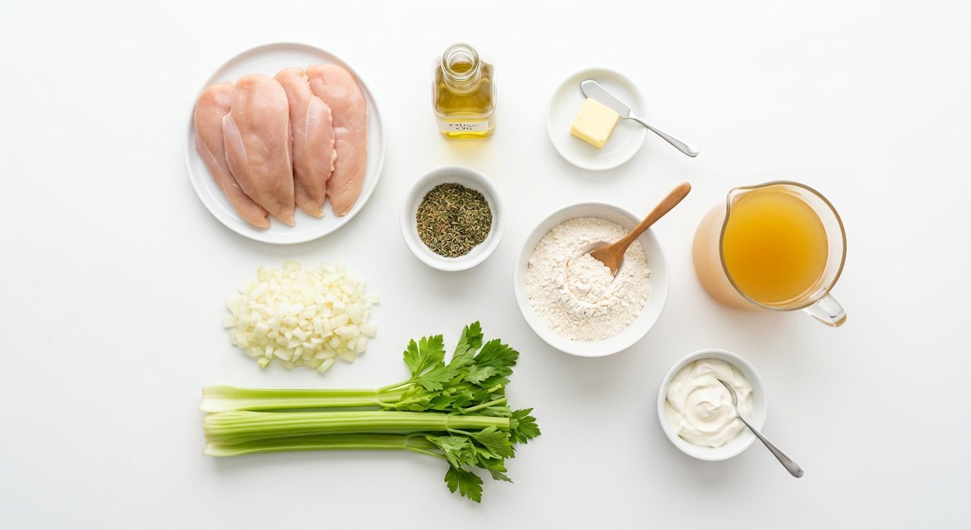 Ingredient flat-lay for Smothered Chicken and Gravy