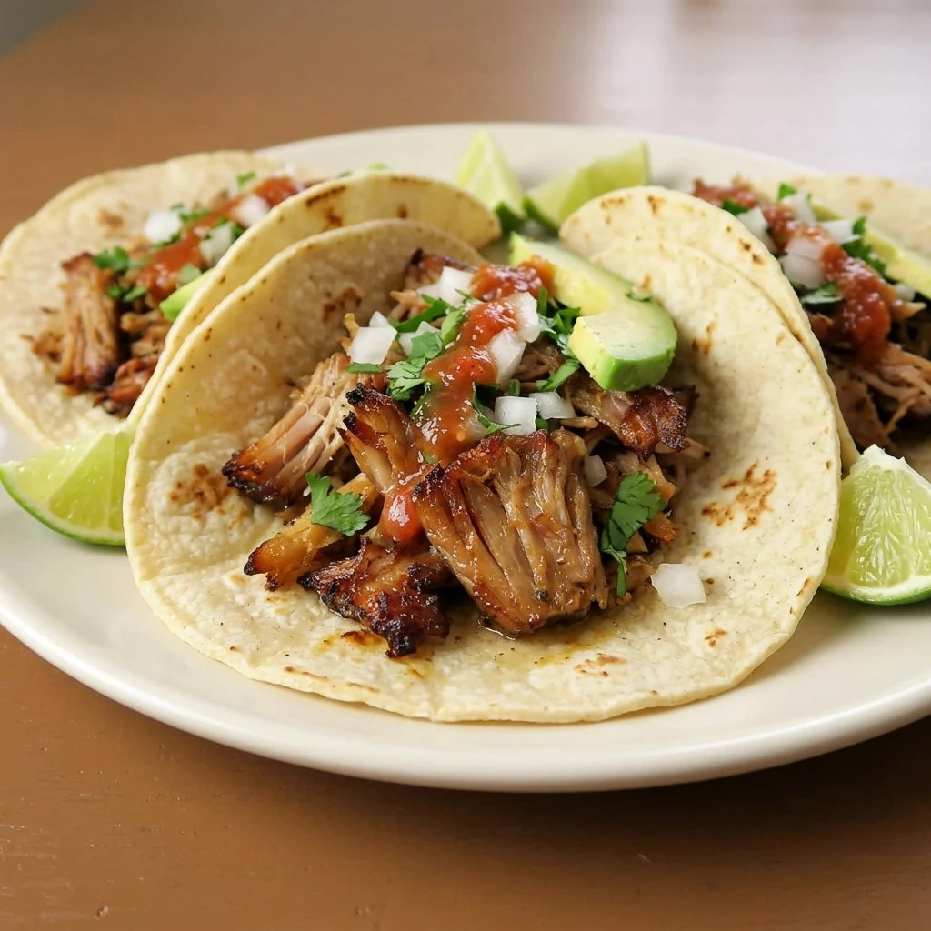Crispy slow-cooker pork carnitas tacos with cilantro, onion and avocado