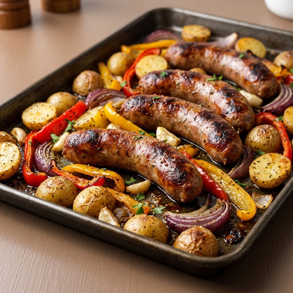 Sheet pan Italian sausage with peppers, onions and roasted potatoes