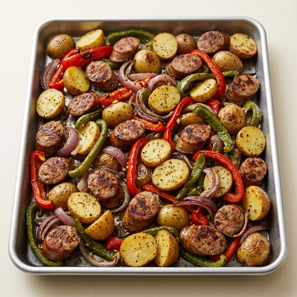 Sheet pan Italian sausage with peppers, onions and roasted potatoes
