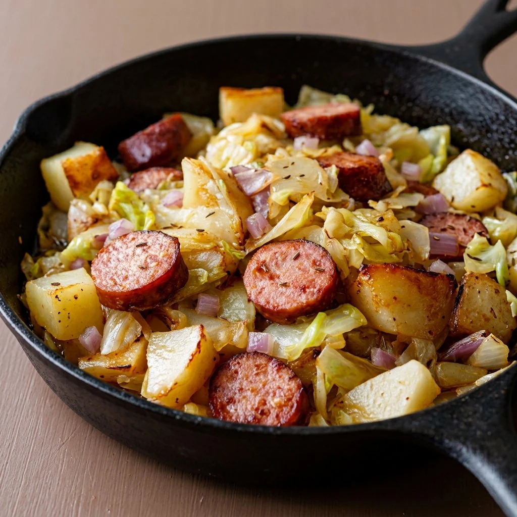 Skillet kielbasa with potatoes, cabbage and onions