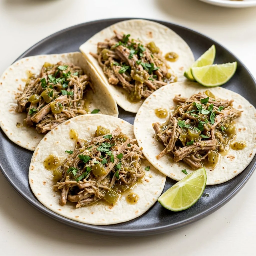Tacos filled with slow-cooked shredded pork verde, cilantro and lime