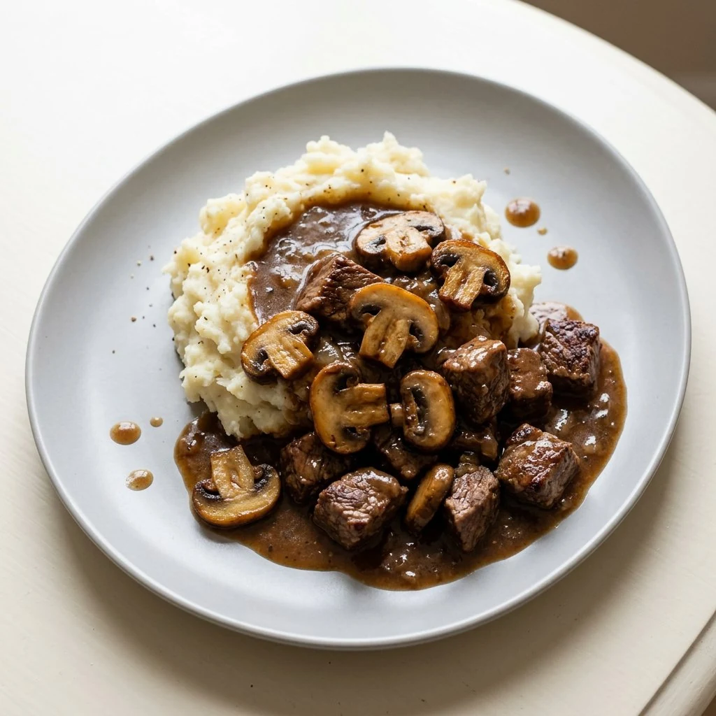 Tender beef tips and mushrooms in brown gravy over mashed potatoes