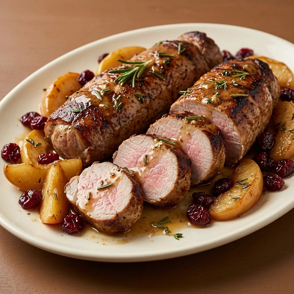 Sliced pork tenderloin with roasted apples, dried cranberries and cider glaze