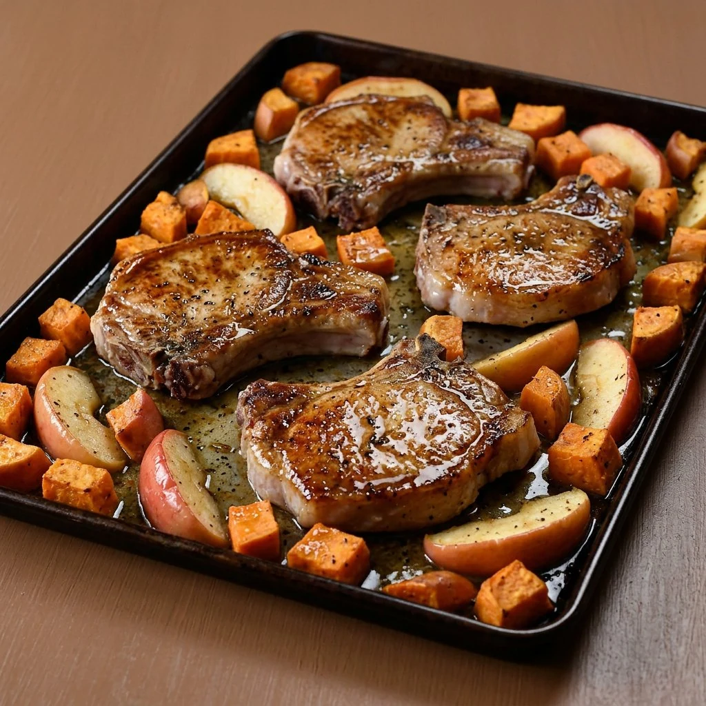 Bone-in pork chops with roasted apples and sweet potato cubes