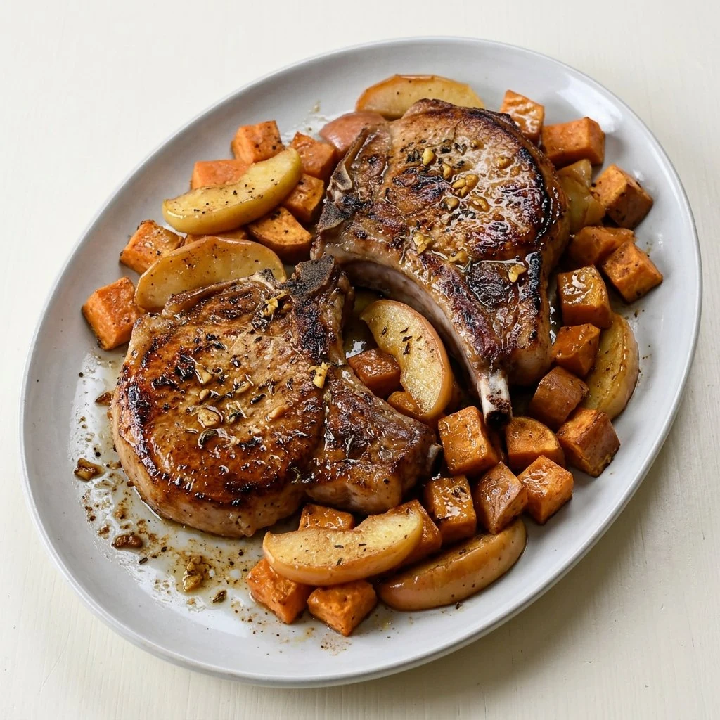 Bone-in pork chops with roasted apples and sweet potato cubes