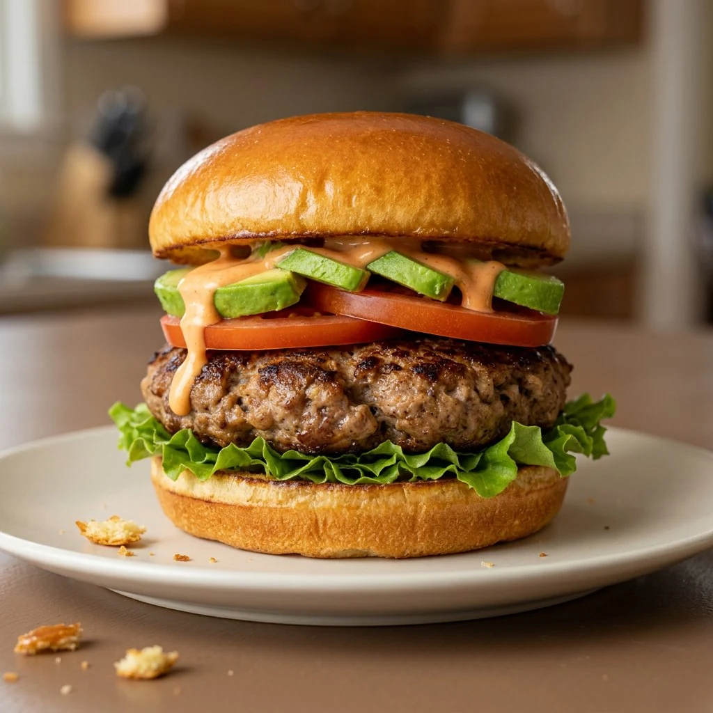 Turkey burger with avocado, lettuce, tomato and sriracha mayo