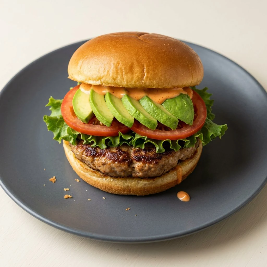 Turkey burger with avocado, lettuce, tomato and sriracha mayo