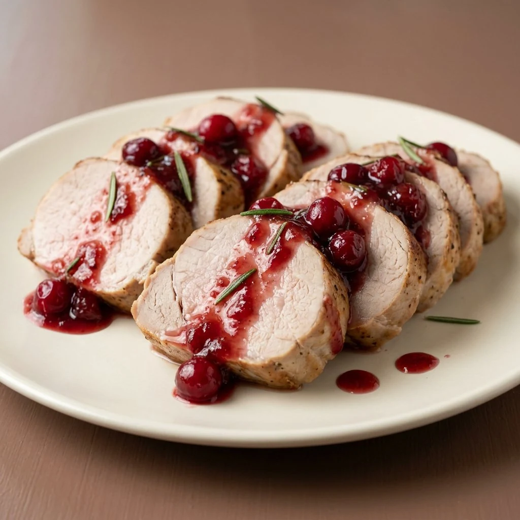 Sliced roasted pork tenderloin with glossy cranberry orange sauce
