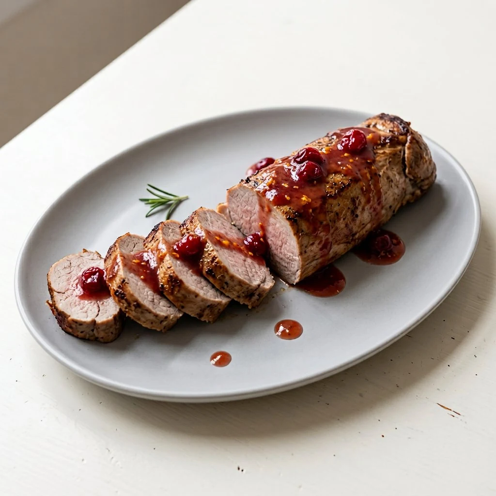 Sliced roasted pork tenderloin with glossy cranberry orange sauce