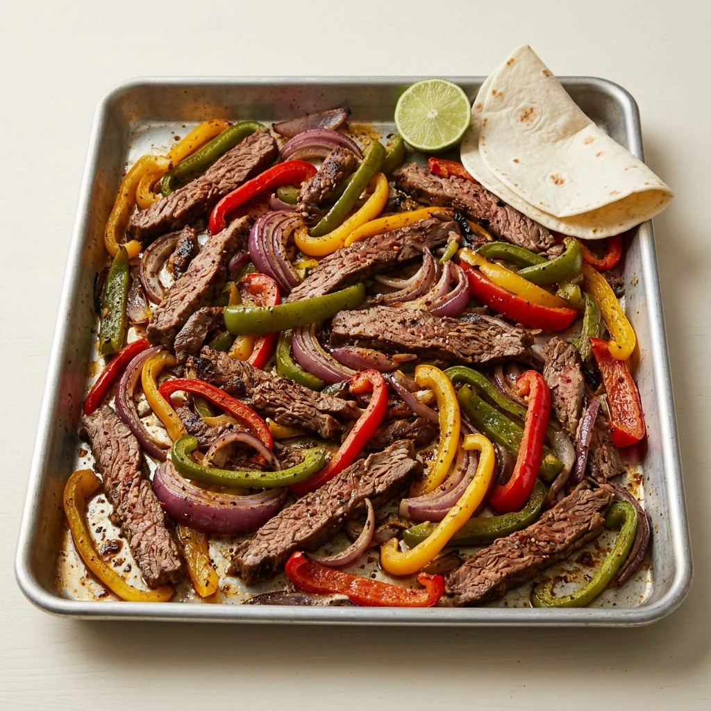 Sheet pan beef fajitas with flank steak, bell peppers and red onion