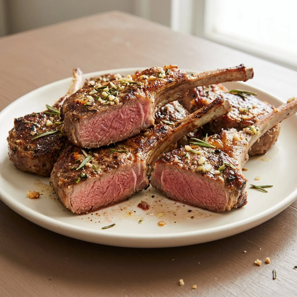 Pan-seared rosemary garlic lamb chops on a plate