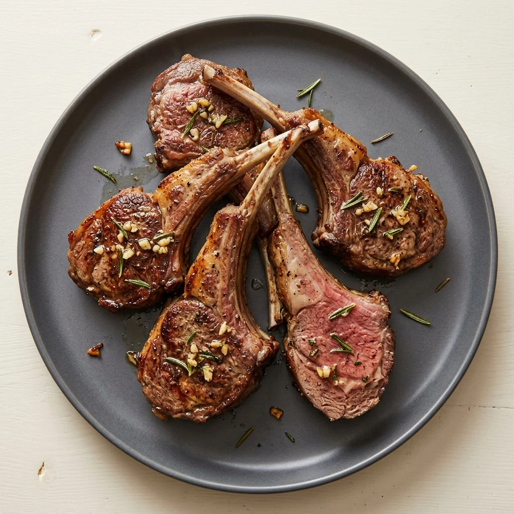 Pan-seared rosemary garlic lamb chops on a plate