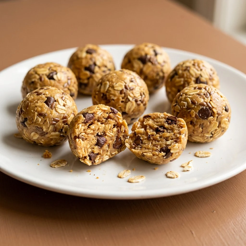 No-bake oatmeal energy balls with chocolate chips and flax seeds on a white plate