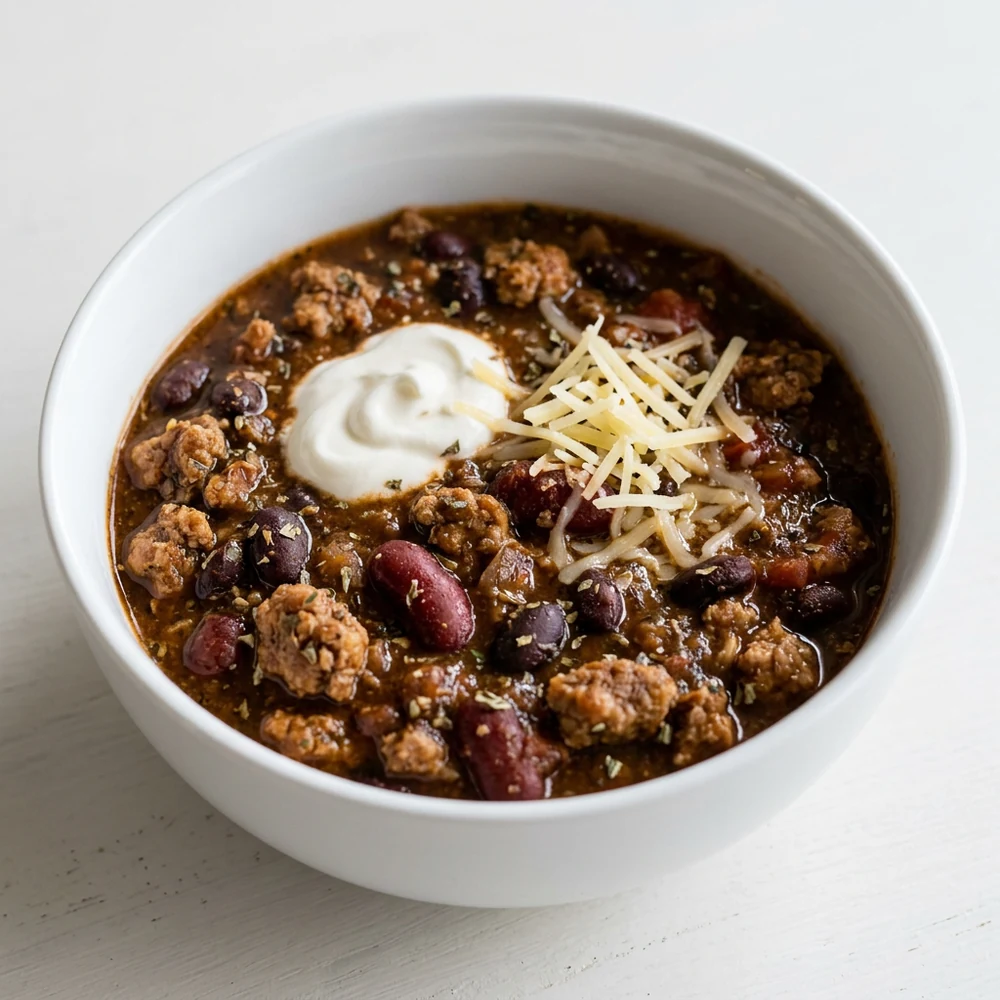 The BEST turkey chili with kidney beans, black beans, tomatoes, cheese, and sour cream
