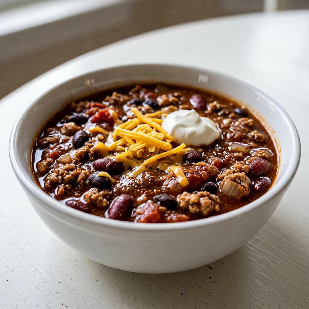 Close-up turkey chili with ground turkey, kidney beans, black beans, cheese, and sour cream