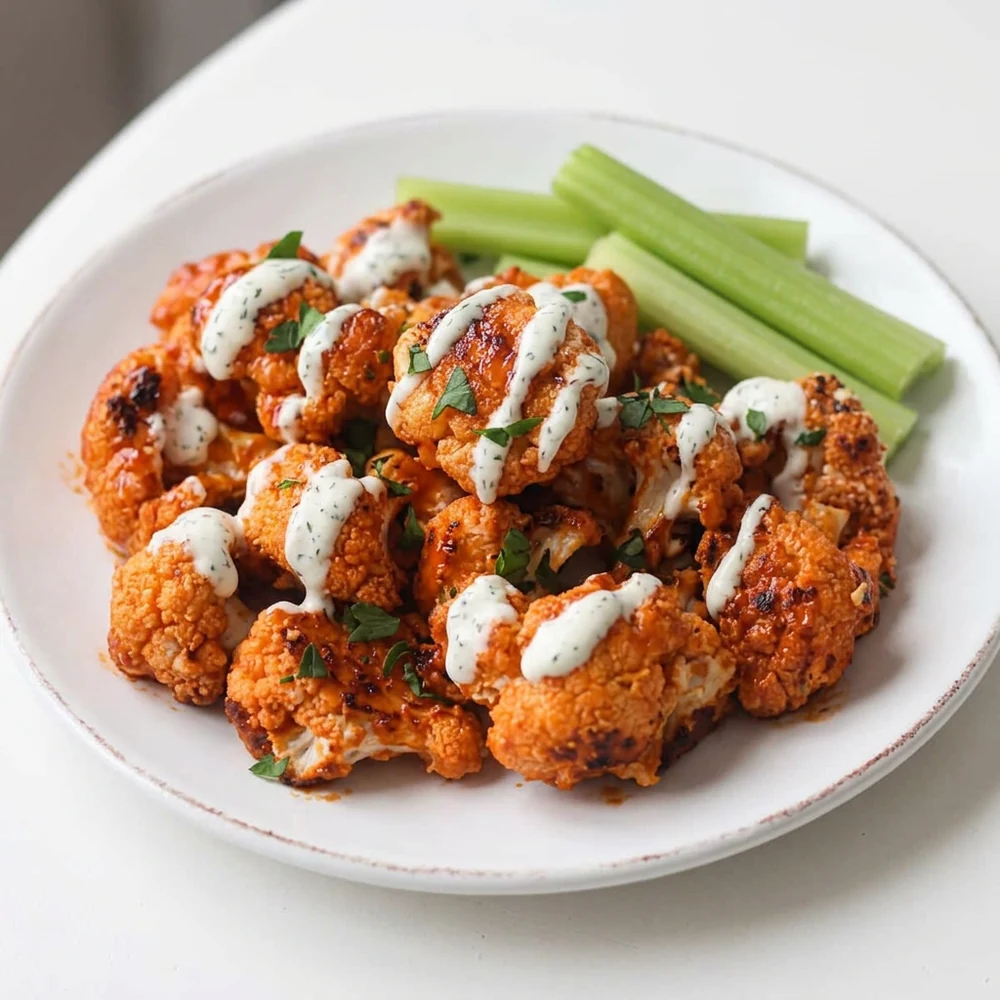 Buffalo cauliflower bites with ranch dressing and celery sticks