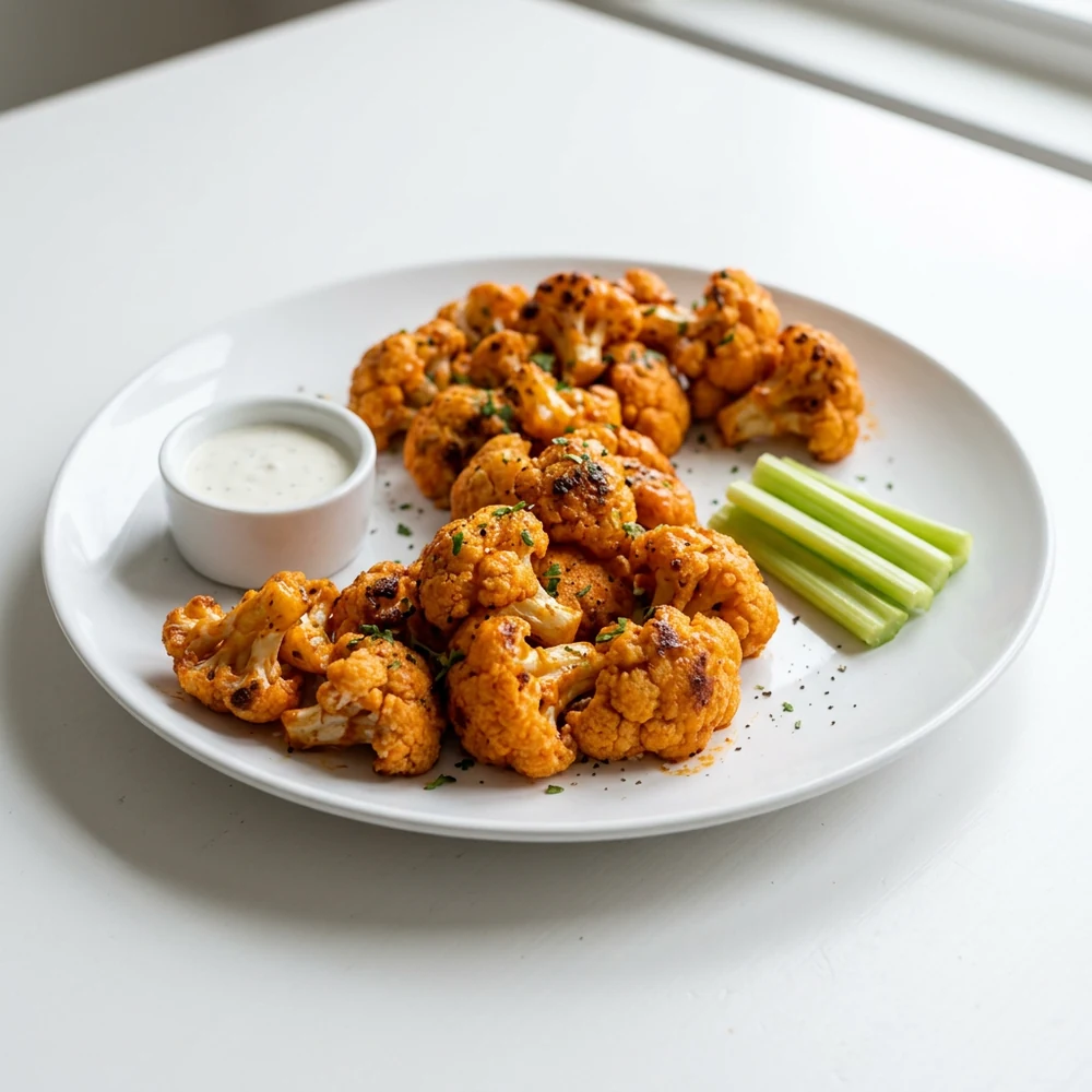 Close-up roasted buffalo cauliflower bites with ranch and celery