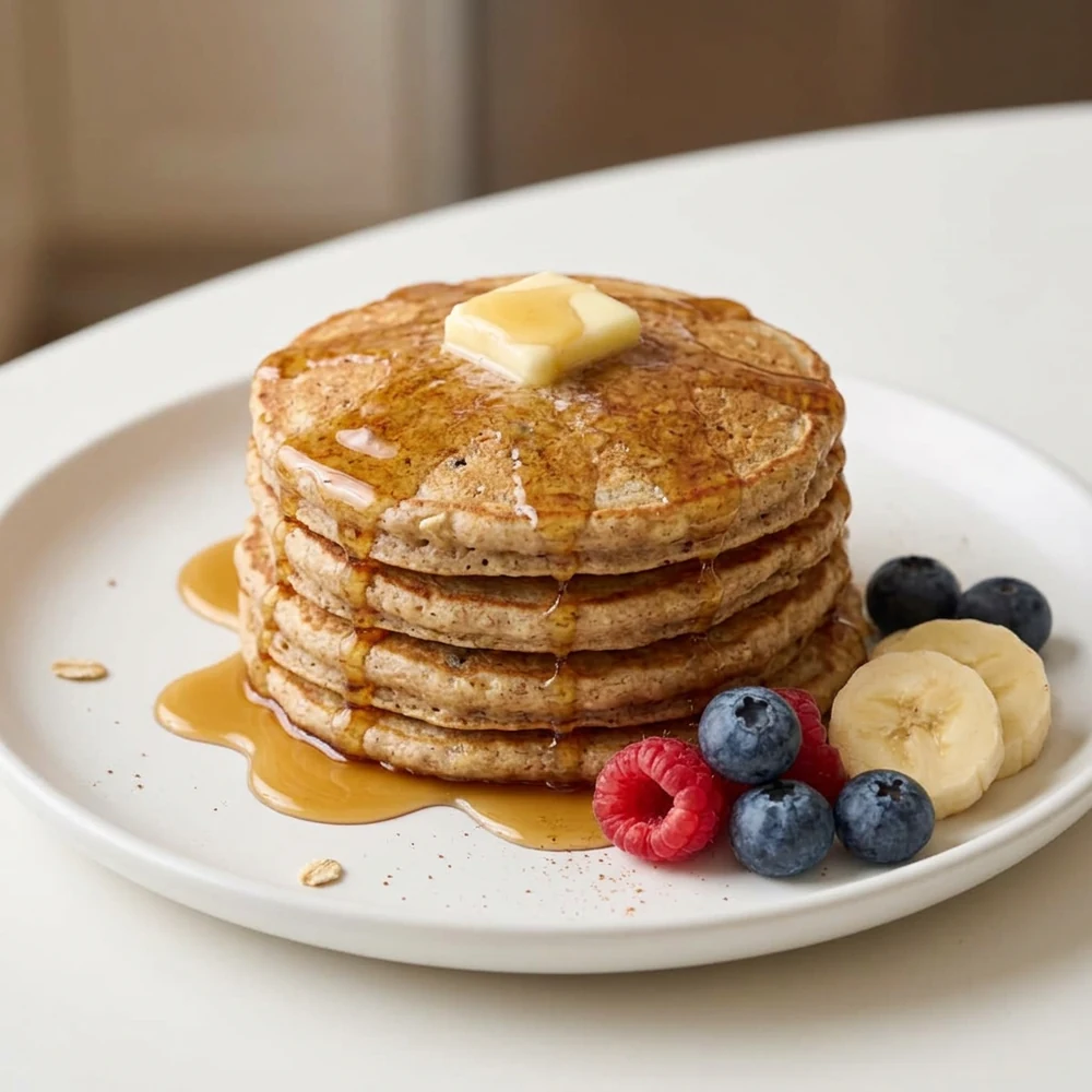Banana oat pancakes with butter, maple syrup, and fresh berries