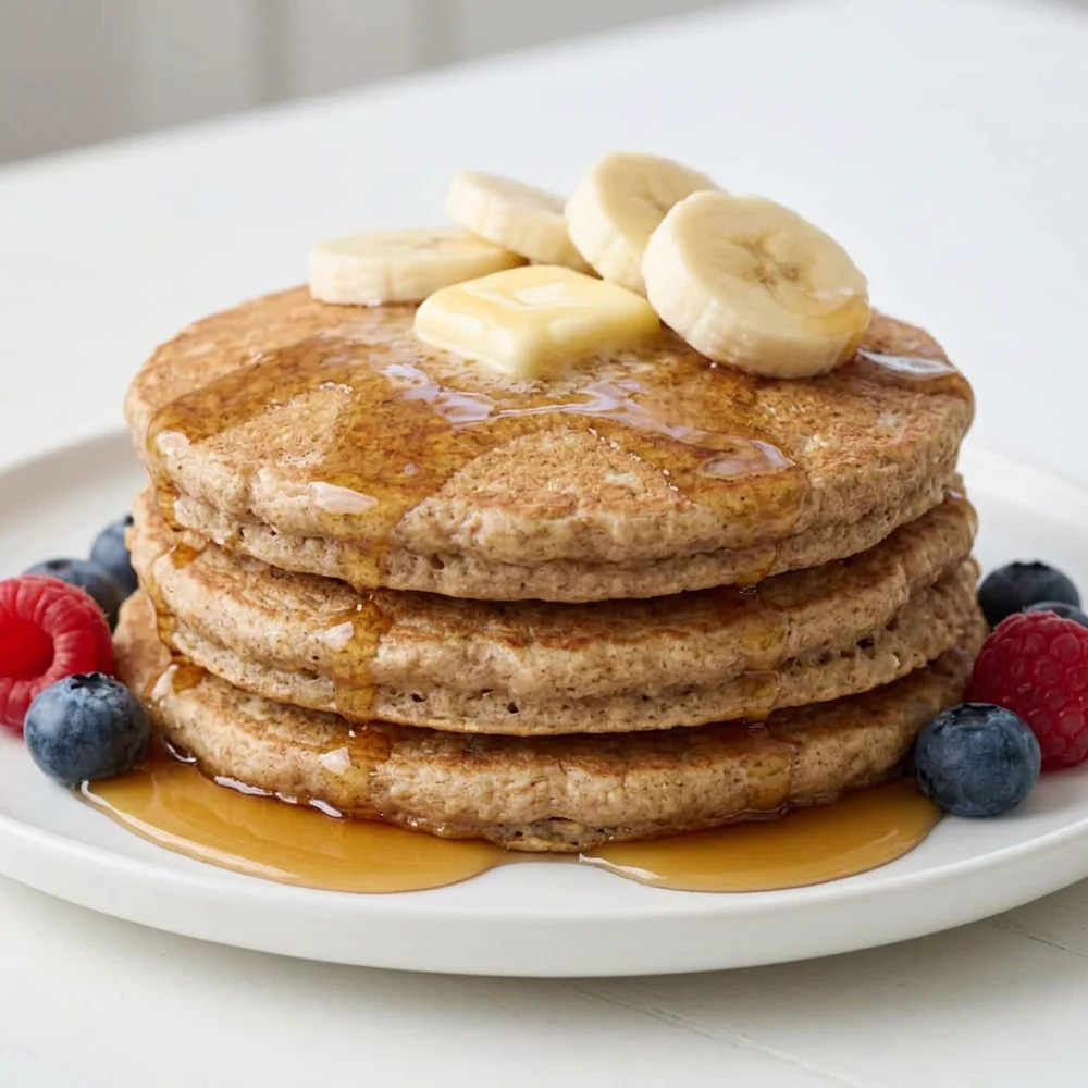 Close-up banana oat pancake stack with butter, maple syrup, and berries