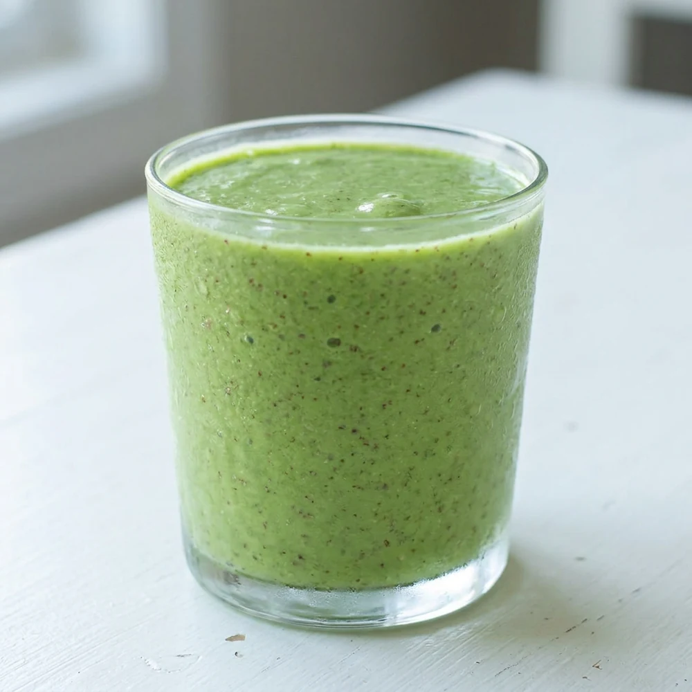 Green spinach smoothie with banana, mango, almond milk, chia seeds, honey, and Greek yogurt
