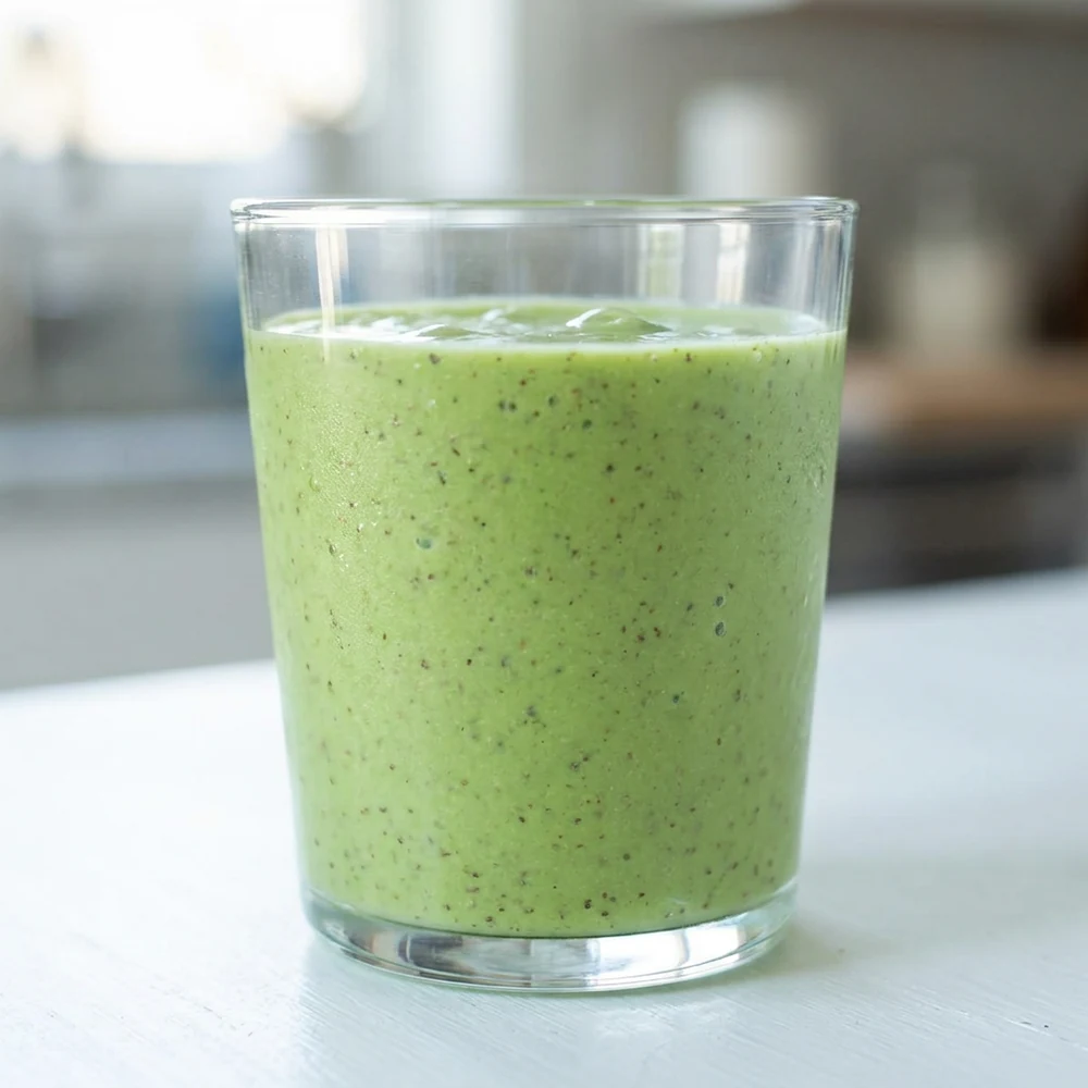 Close-up green spinach smoothie in a glass with banana, mango, chia seeds, and Greek yogurt