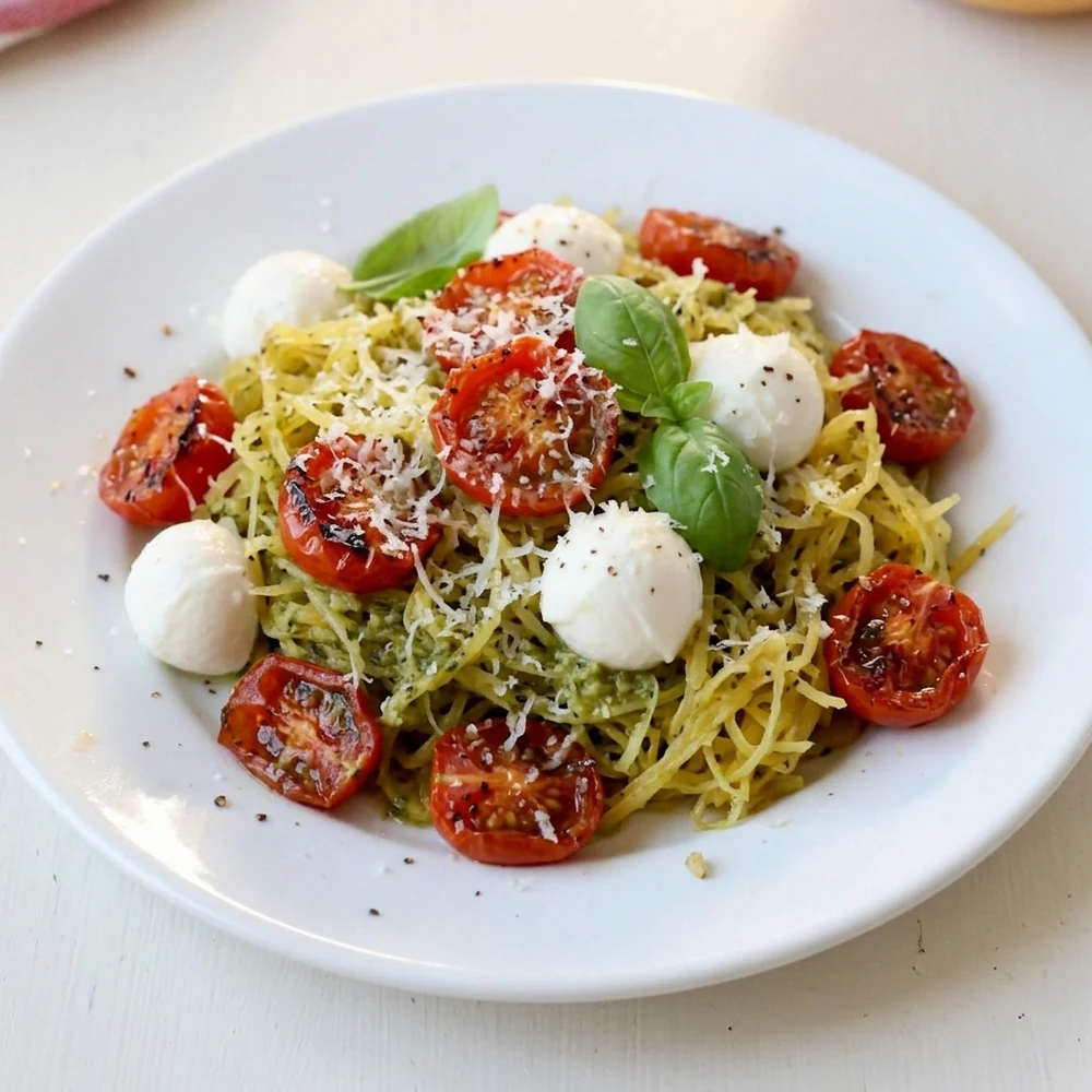 Spaghetti squash pesto with cherry tomatoes, mozzarella pearls, Parmesan, and basil