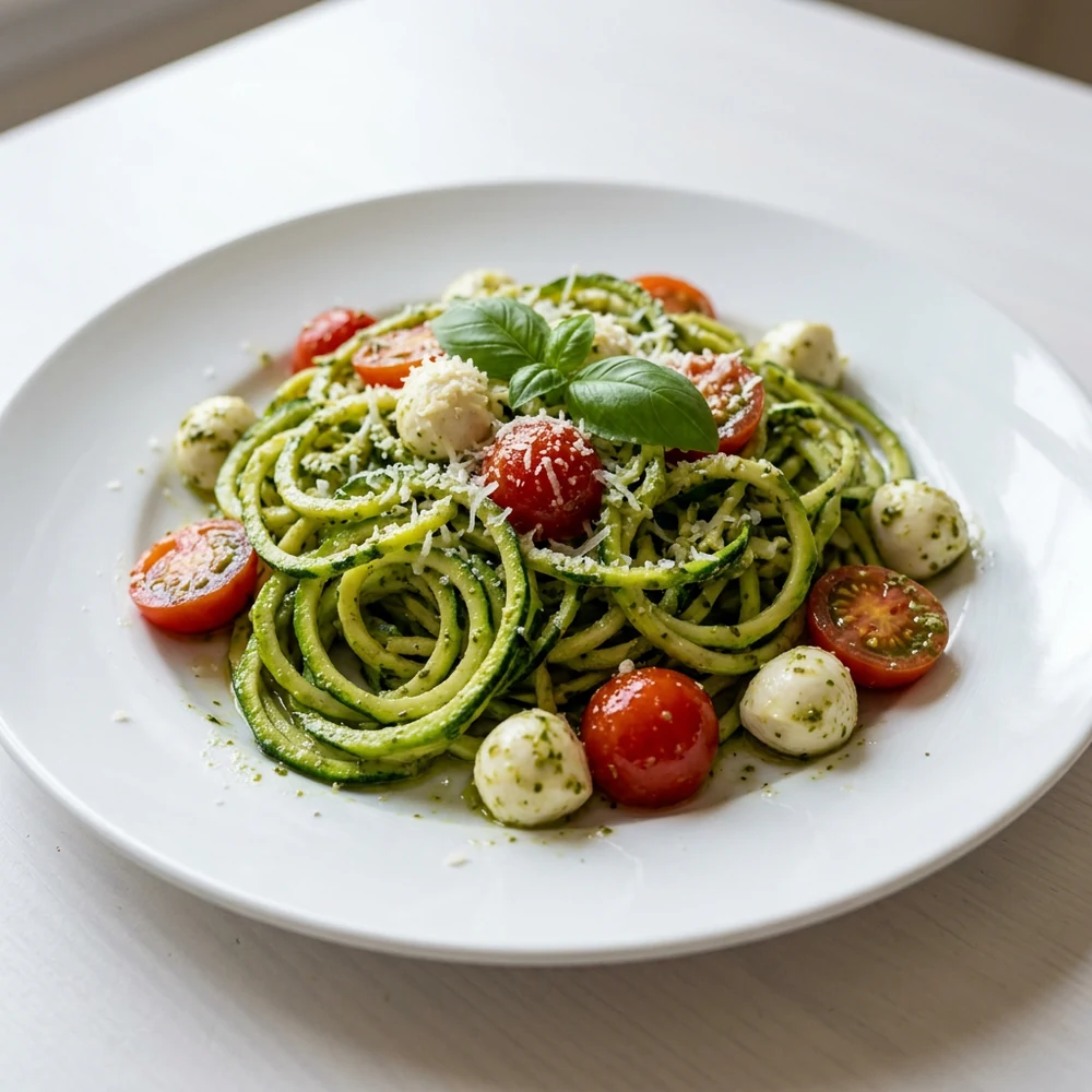 Zucchini noodles with basil pesto, cherry tomatoes, mozzarella pearls, and Parmesan