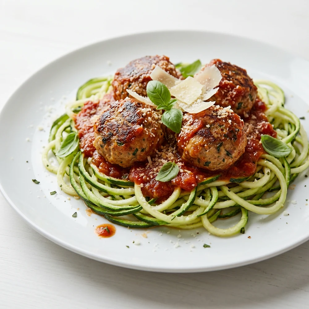 Turkey meatball zoodles with marinara, Parmesan, and fresh basil