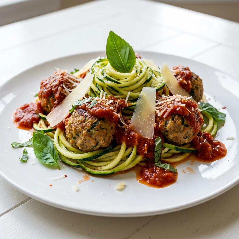 Close-up turkey meatball zoodles with spiralized zucchini, marinara, Parmesan, and basil