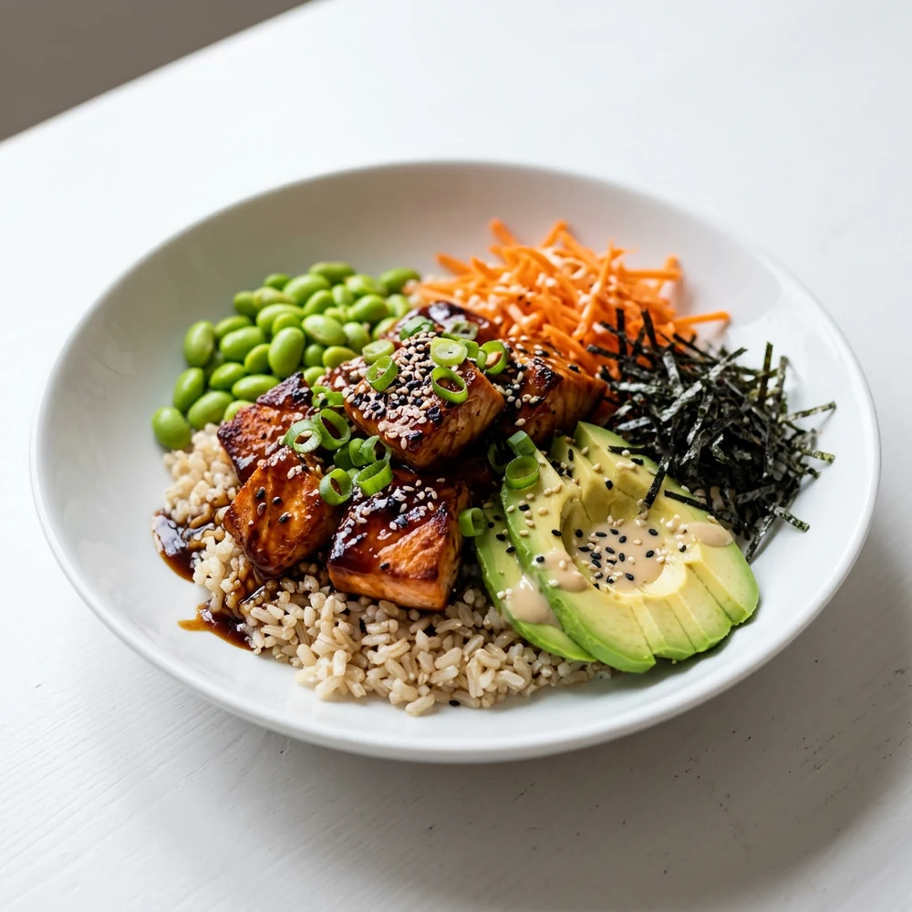 Teriyaki salmon bowl with brown rice, edamame, avocado, carrot, nori, and sesame