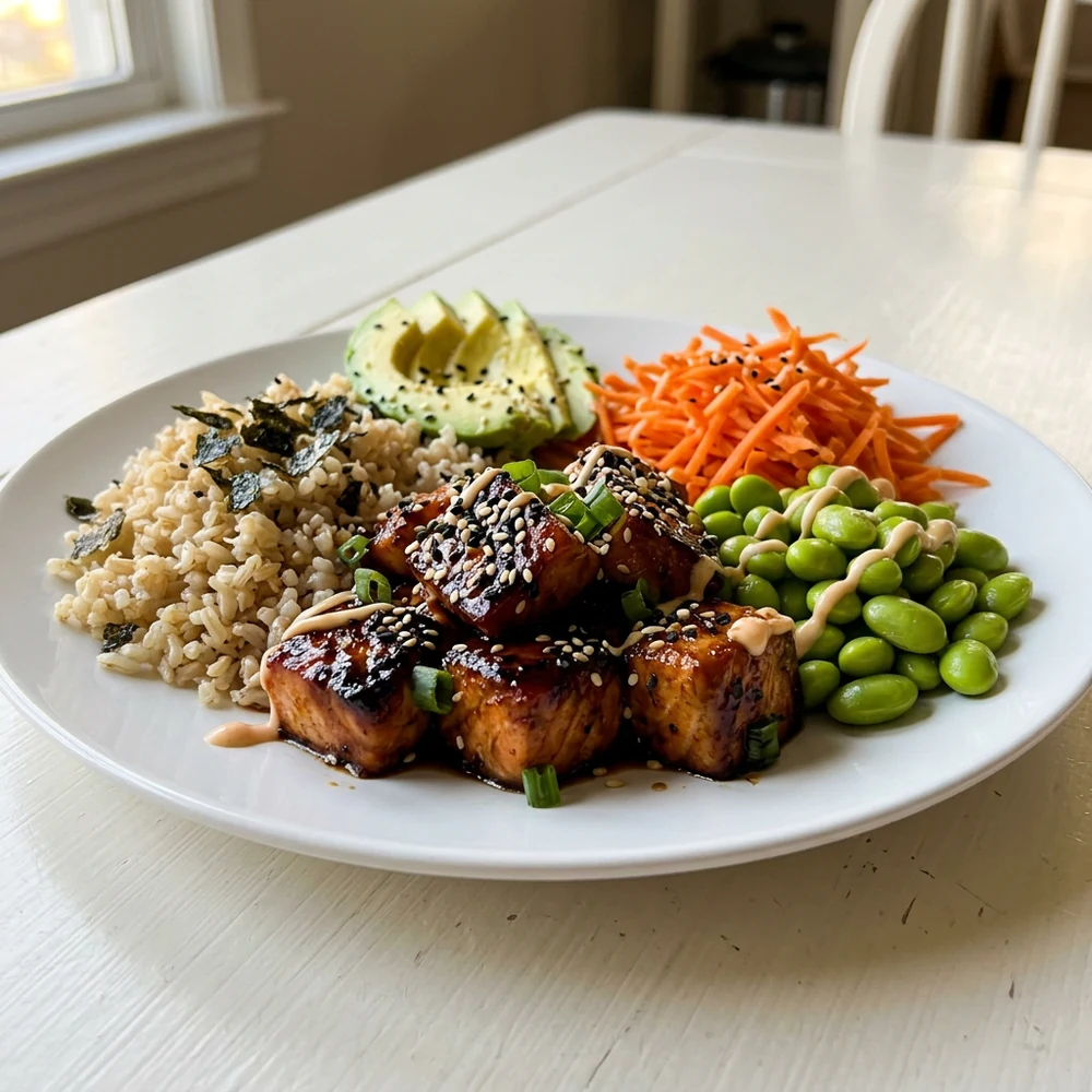 Close-up teriyaki salmon bowl with glazed salmon, brown rice, edamame, avocado, and carrot