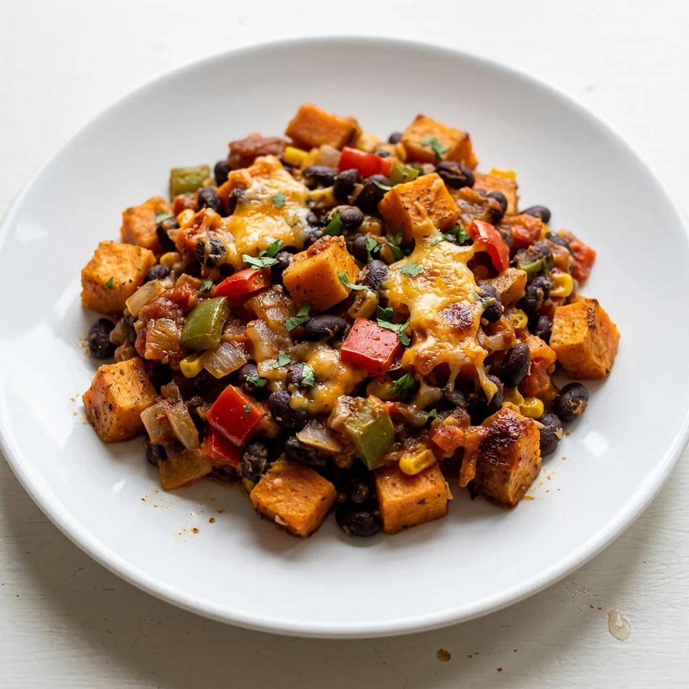 Baked sweet potato black bean casserole with onion, bell pepper, salsa, and cilantro