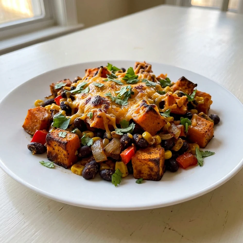 Close-up baked sweet potato black bean casserole with roasted vegetables and fresh cilantro