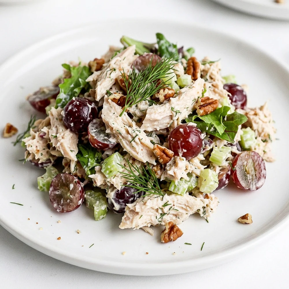 Greek yogurt chicken salad with grapes, celery, pecans, dill, and creamy dressing