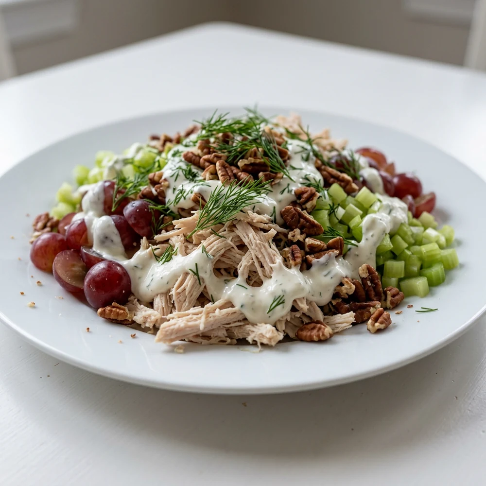 Close-up Greek yogurt chicken salad with shredded chicken, grapes, celery, pecans, and dill
