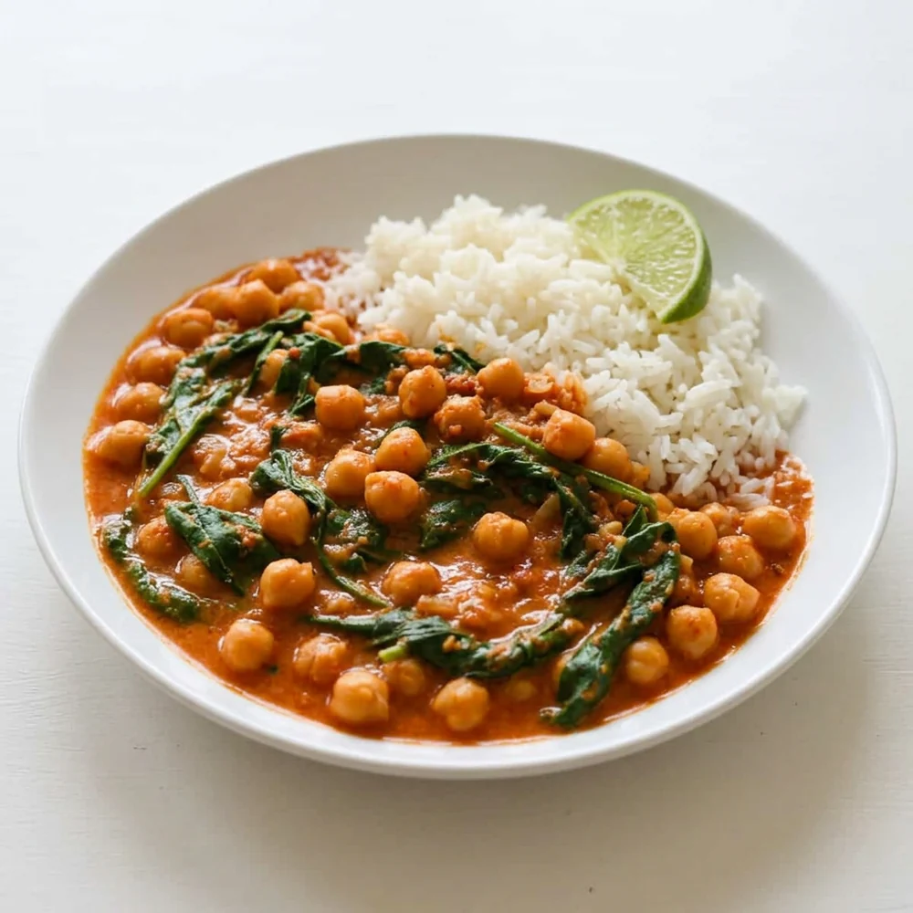 Chickpea coconut curry with spinach, lime, cashews, and rice