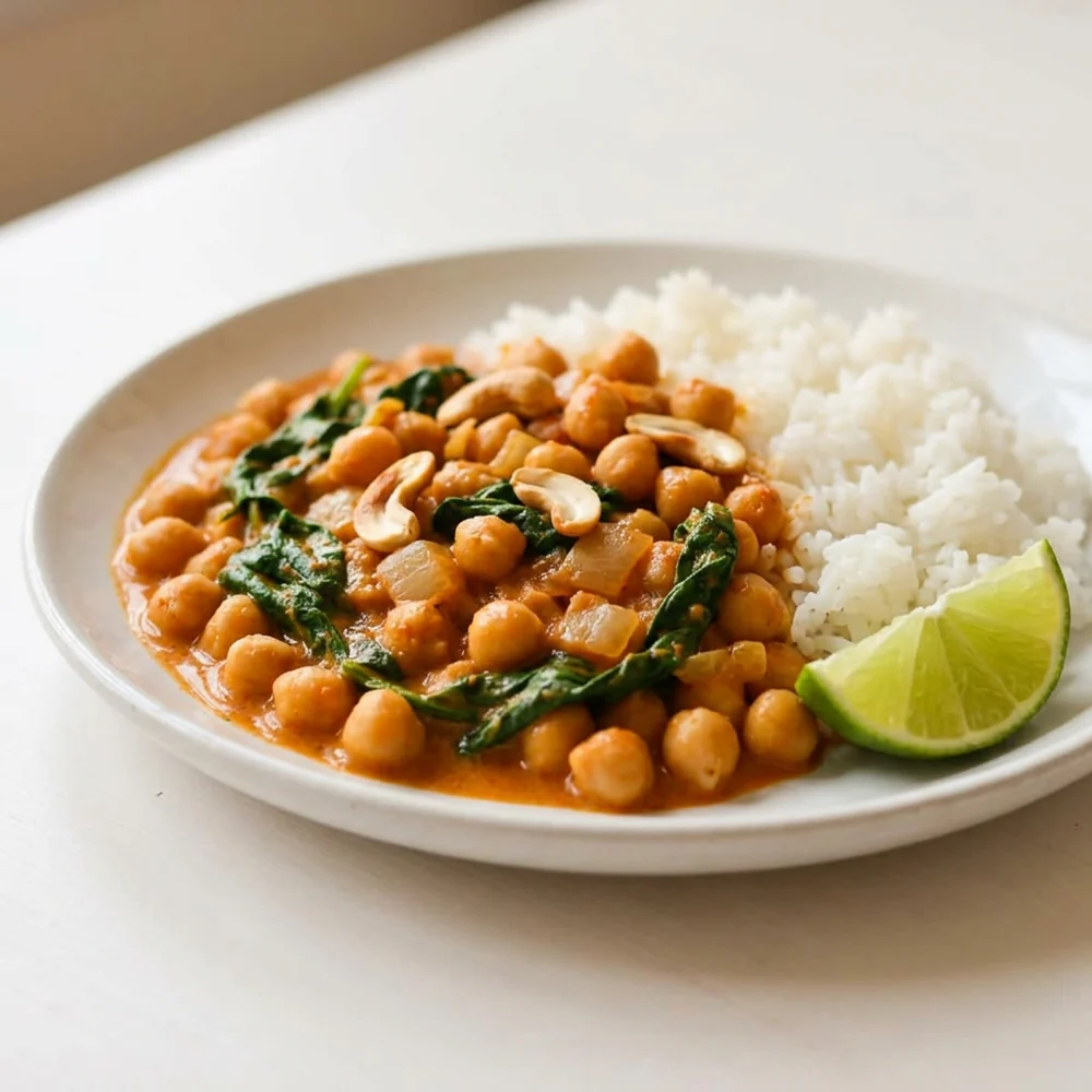 Close-up chickpea coconut curry with red curry sauce, spinach, lime, cashews, and rice