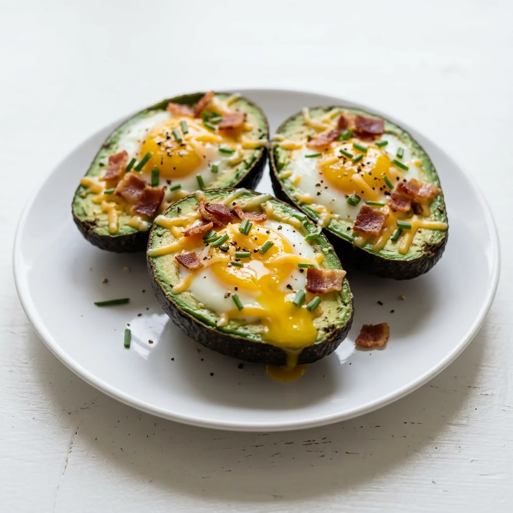 Avocado egg boats with baked eggs, cheese, bacon bits, and chives
