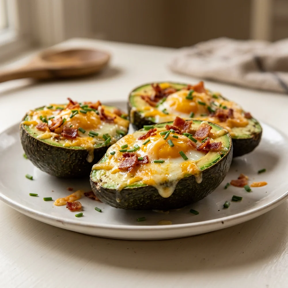 Close-up avocado egg boats with set egg whites, golden yolks, cheese, bacon, and chives