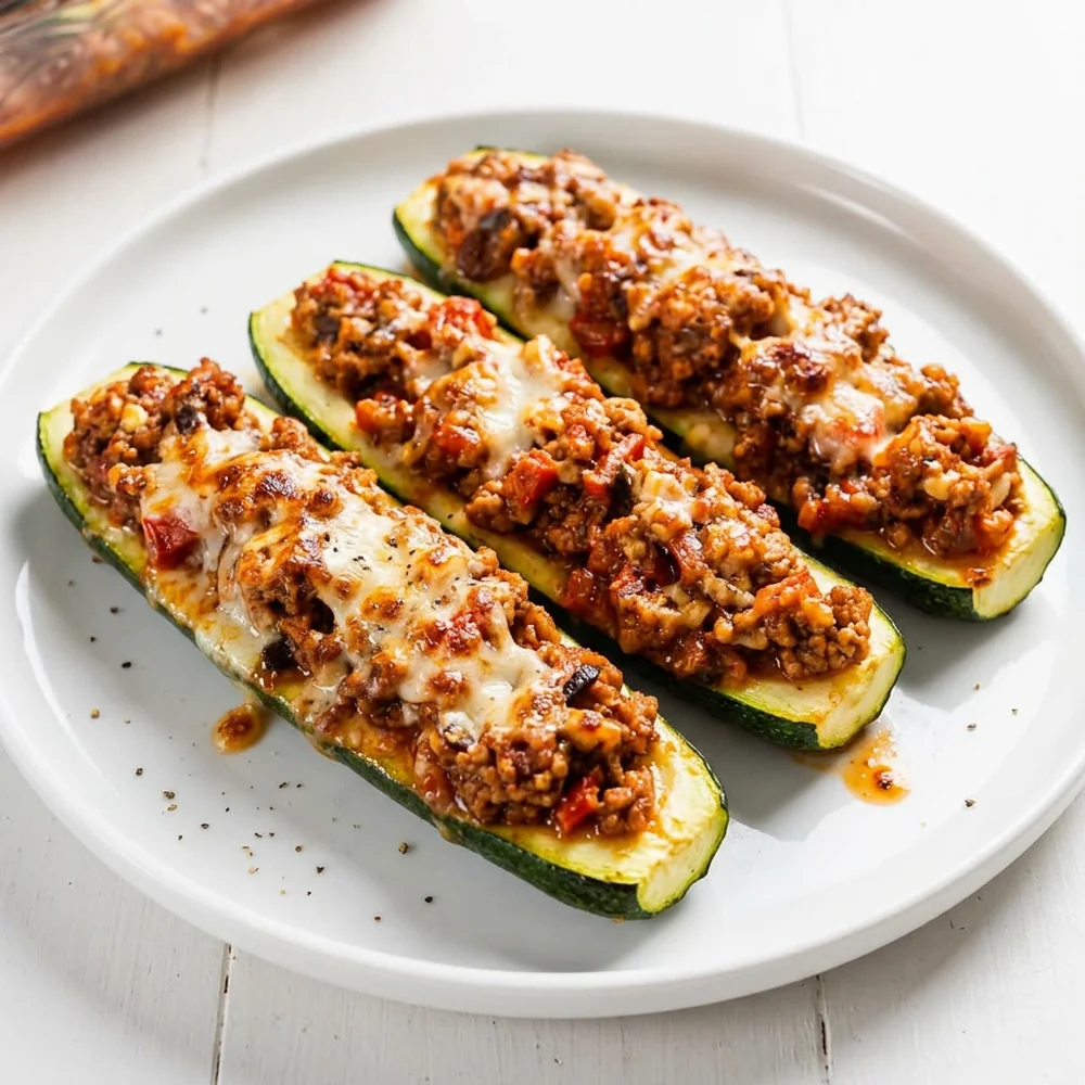 Zucchini boats filled with ground turkey, marinara, mozzarella, and Parmesan