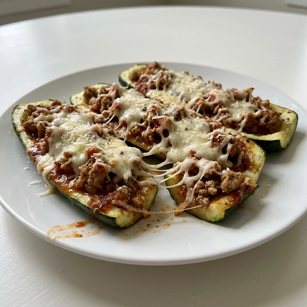 Close-up ground turkey zucchini boats with marinara and melted cheese