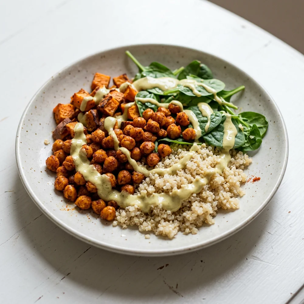 Sweet potato chickpea bowl with quinoa, spinach, crispy chickpeas, and tahini