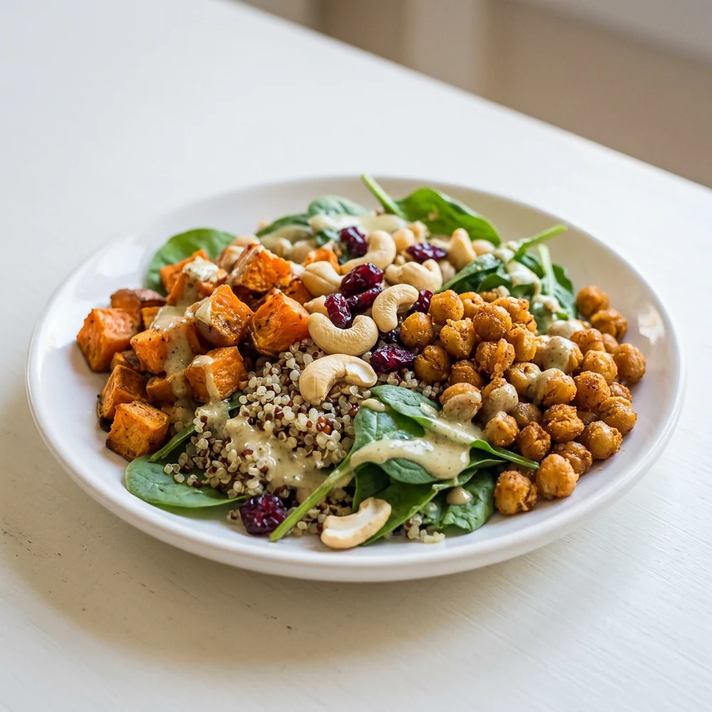 Close-up sweet potato chickpea bowl with roasted vegetables, quinoa, spinach, and tahini