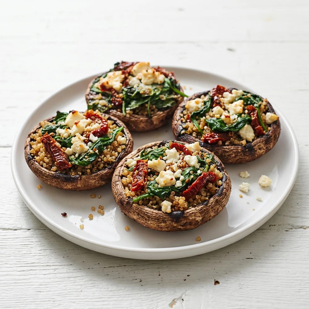Stuffed portobello mushrooms filled with quinoa, sun-dried tomatoes, feta, and spinach